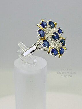 Natural Sapphire Cluster Ring 925 Sterling Silver 10K Gold Accents Size 8